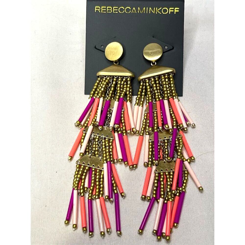 Rebecca Minkoff Beaded Fringe Drama Earrings Pink Multi 3 Inch Party Jewelry